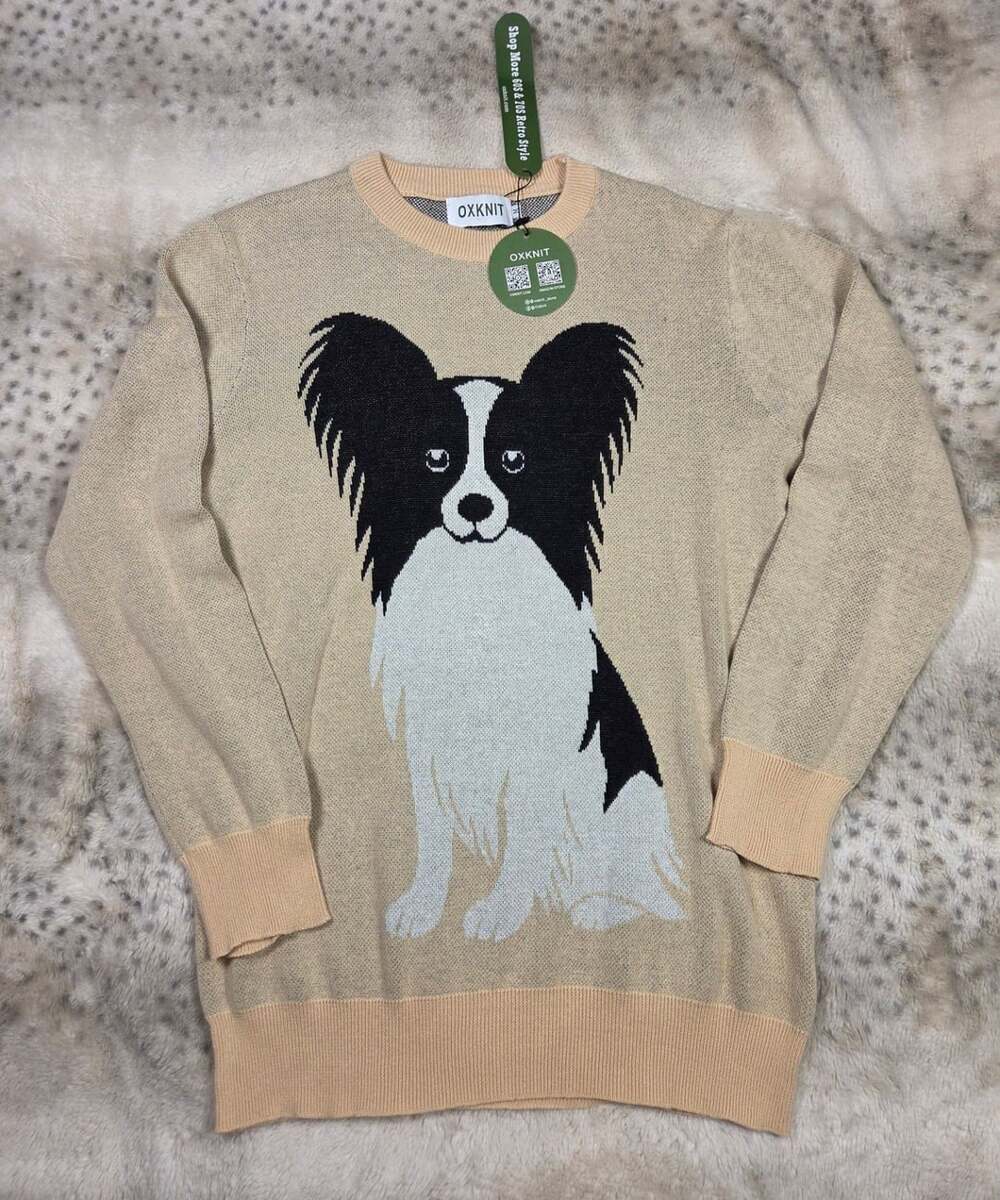 NWT OXKnit Papillon Dog Graphic 100% Cotton Sweater M